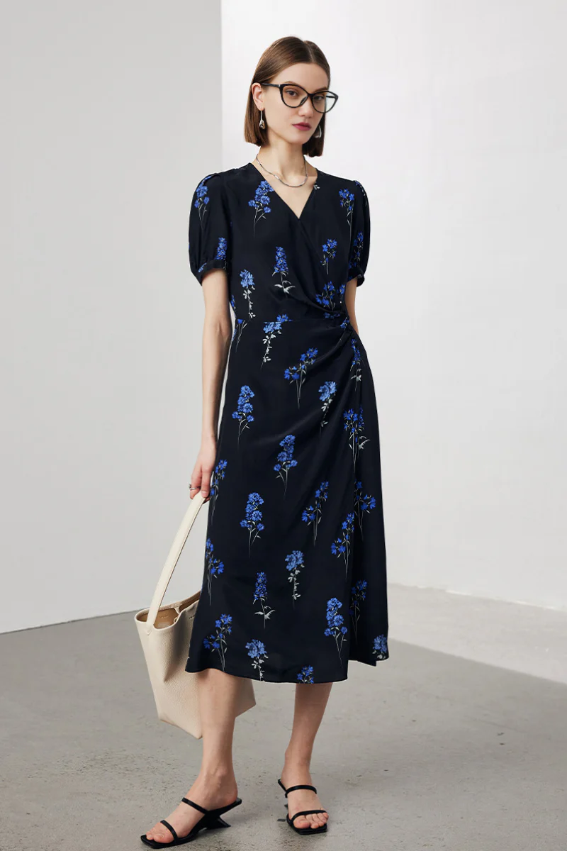 100 Mulberry Silk Floral Puff-Sleeve V-Neck Wrap Midi Dress - HBQMJX