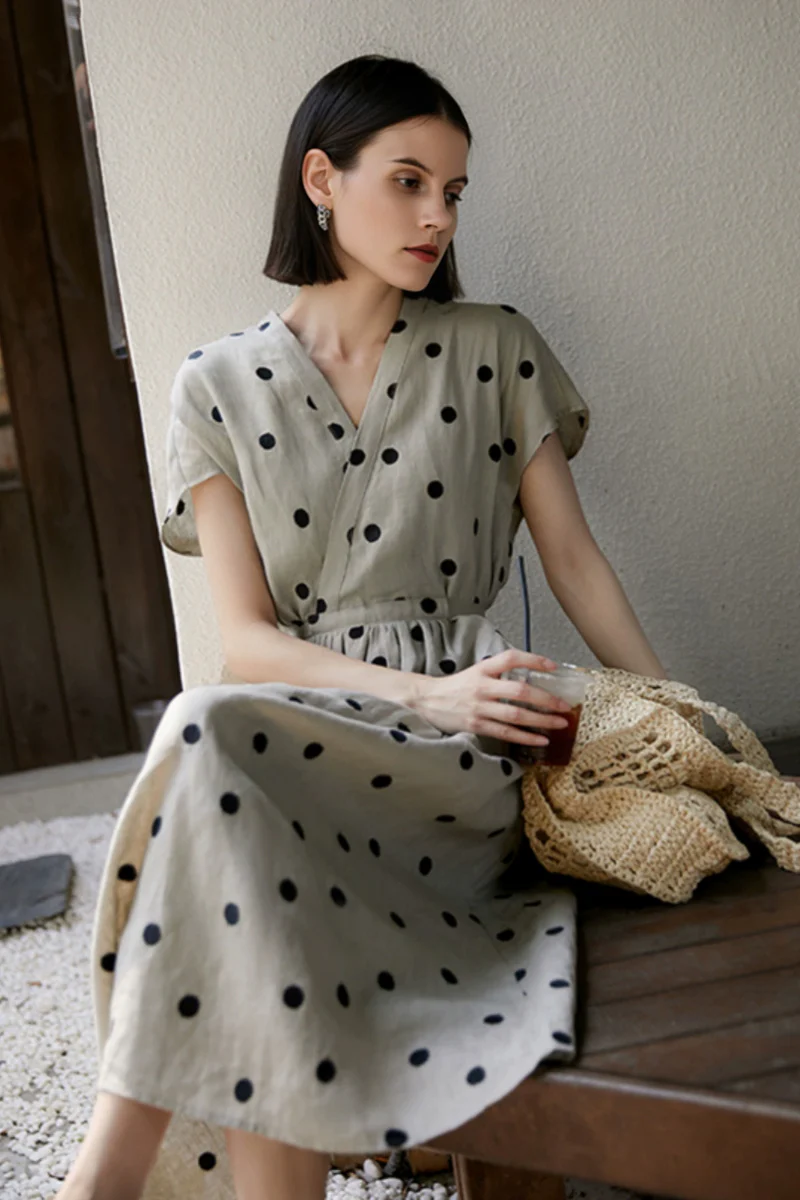 100% Ramie Polka Dot V-Neck Midi Dress - HBQMJX