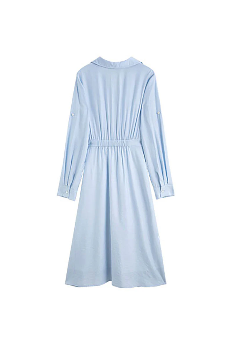 Baby Blue Long Sleeve Midi Shirt Dress - JIEEQQ