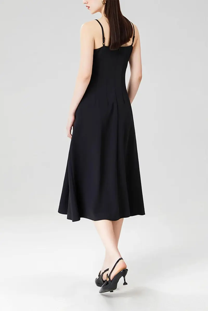 Elegant Black Spaghetti-Strap A-Line Midi Dress - HBQMJX