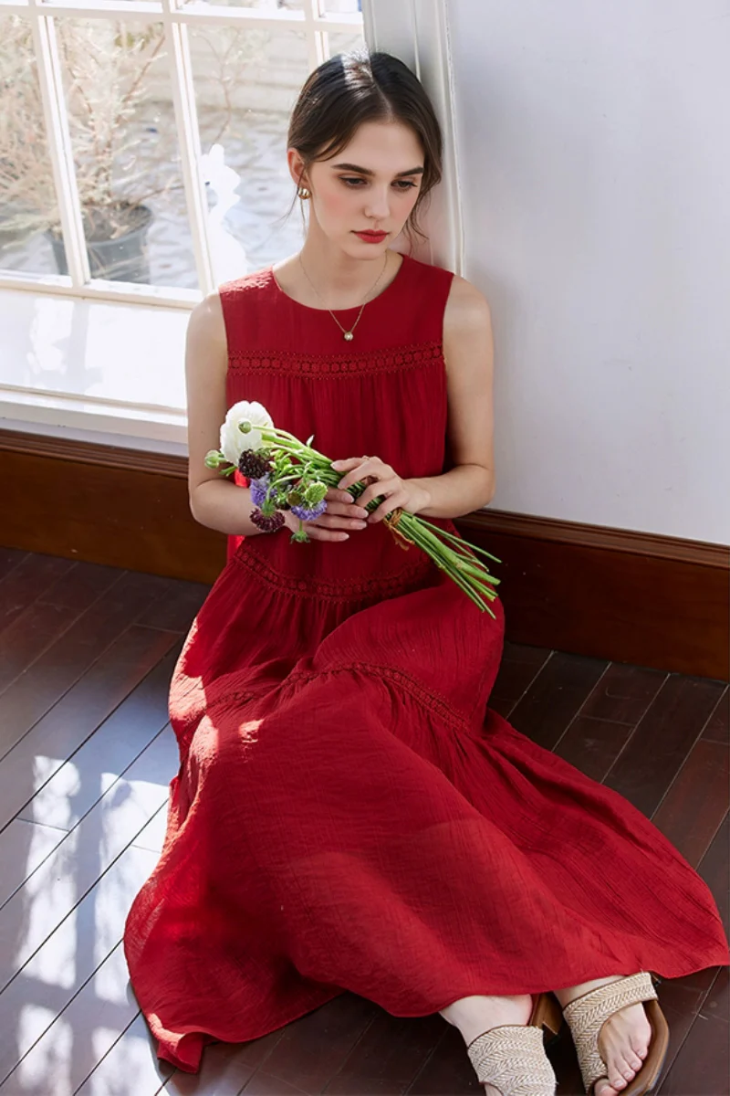 Red Tiered Sleeveless Tank Midi Dress with Embroidered Detail - HBQMJX