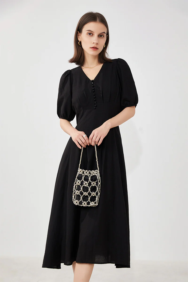 Black V-Neck A-Line Midi Dress - HBQMJX