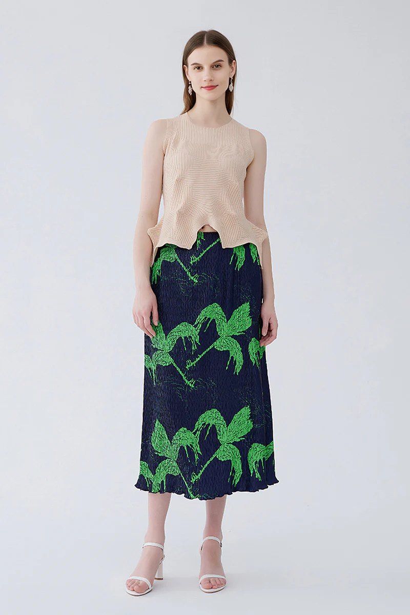 Designer Inspired Pleated Leaf Print Straight Midi Skirt - HBQMJX