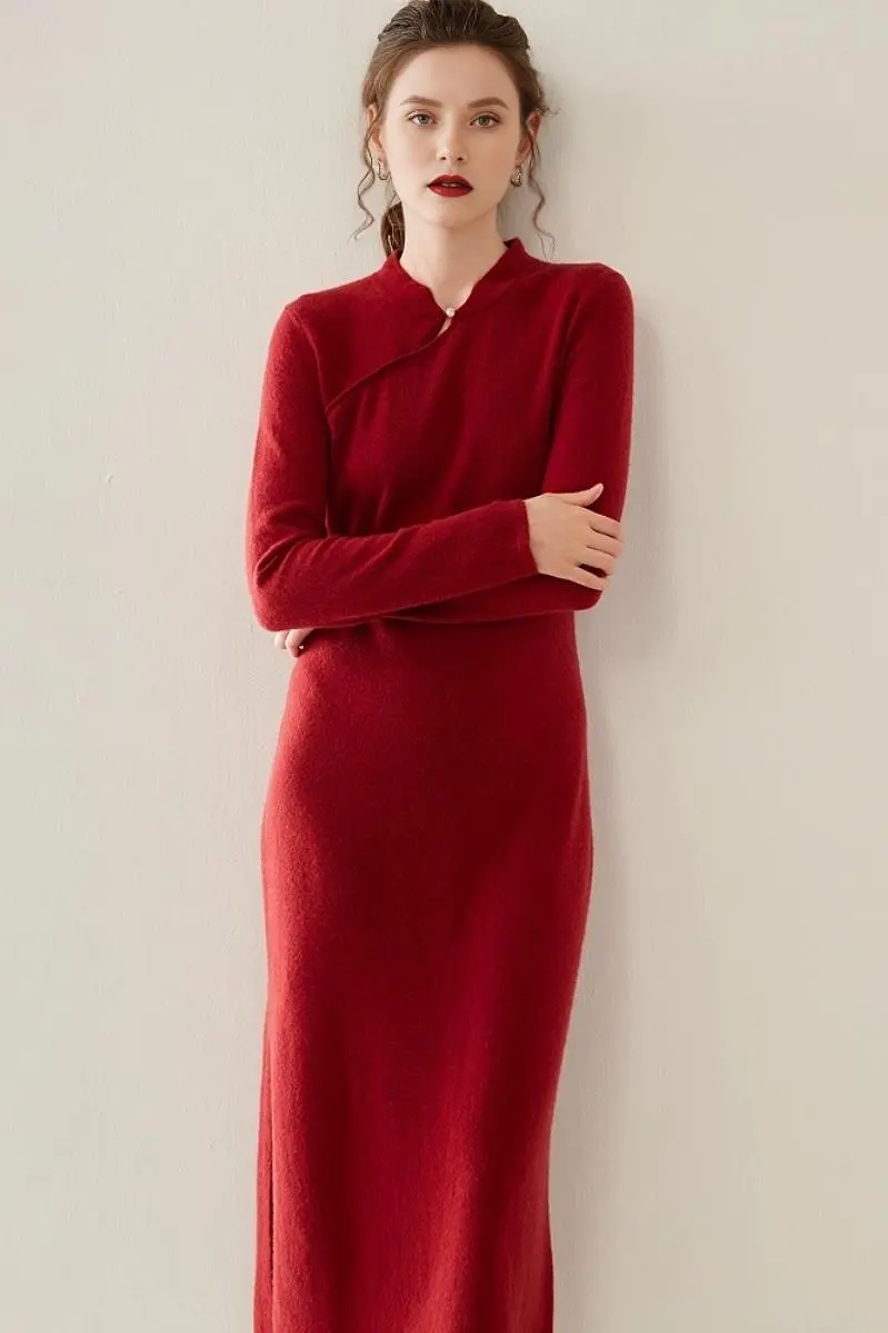100 Cashmere Midi Sweater Dress with Mandarin-inspired Collar - HBQMJX