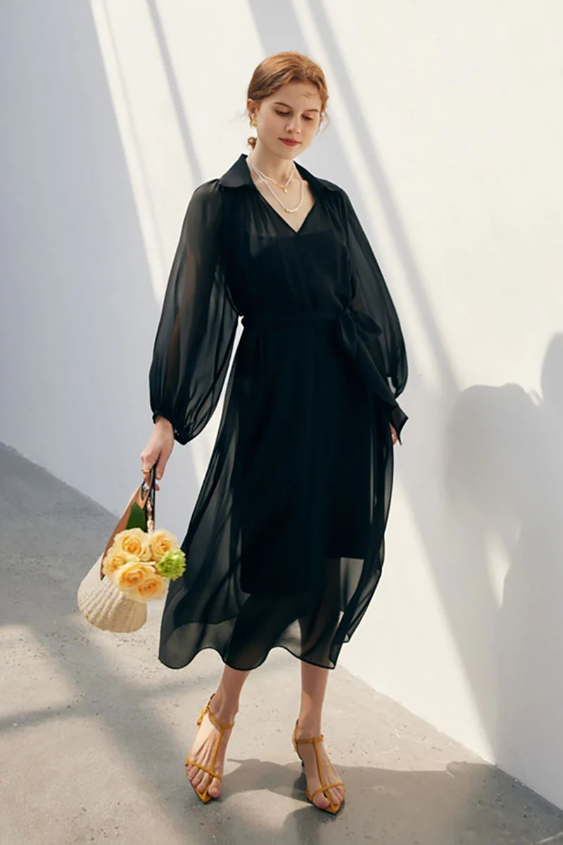 100 Mulberry Silk Flowy Sheer Balloon-Sleeve V-Neck Collared Midi Dress with Belt - HBQMJX