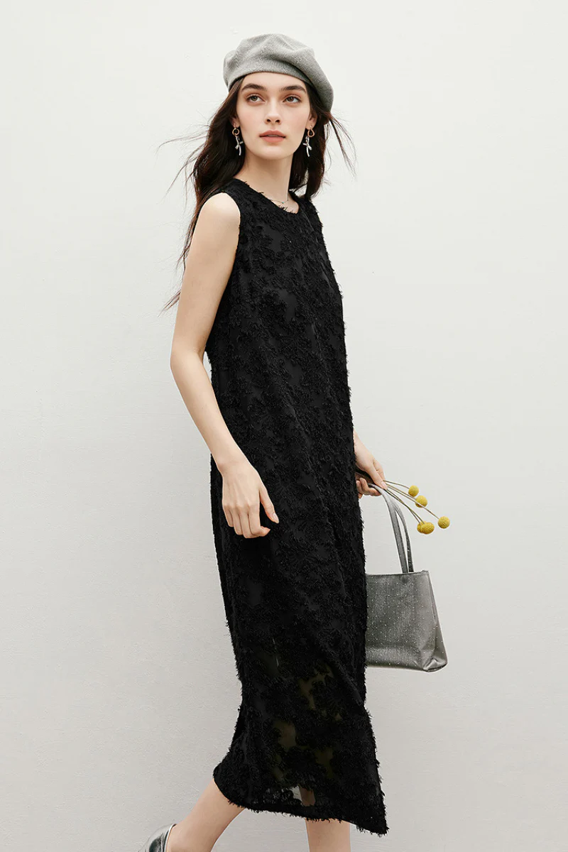 Black Floral Applique Sleeveless Dress - HBQMJX