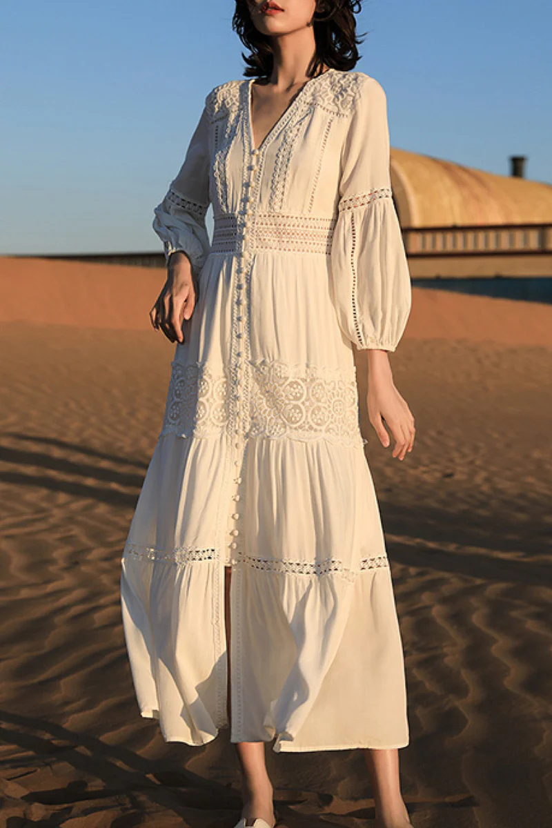 Tiered A-Line Long-Sleeve V-Neck Broderie Midi Dress with Front Buttons - HBQMJX