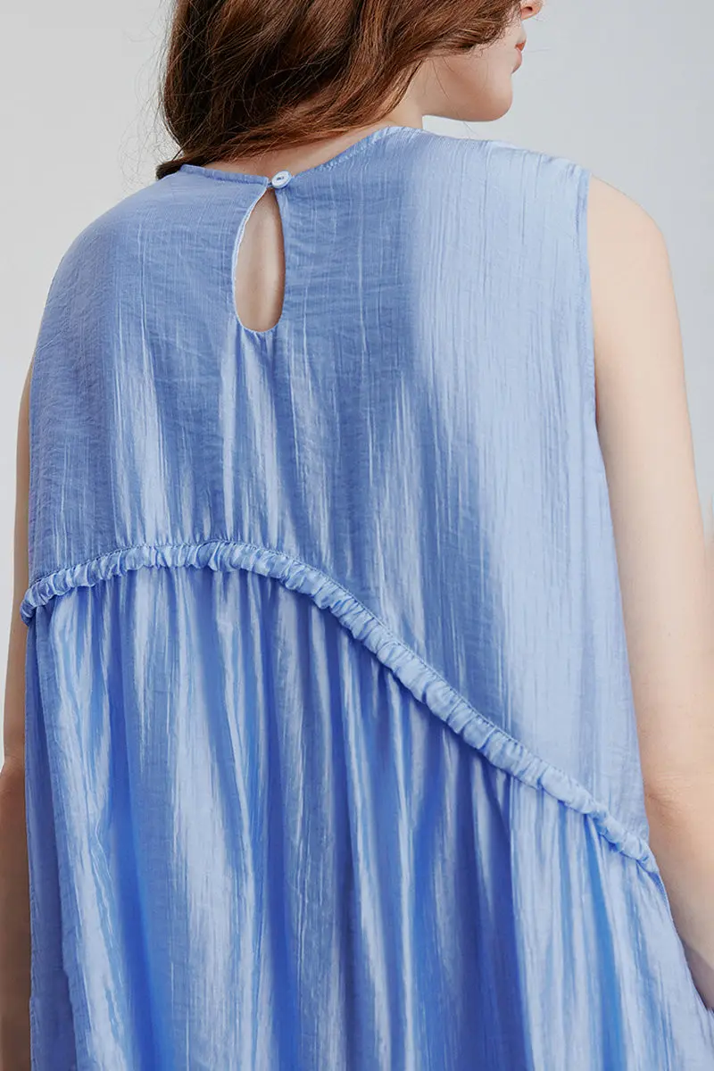 Light Blue Lyocell Sleeveless Ruffle-Detail Midi Dress - HBQMJX