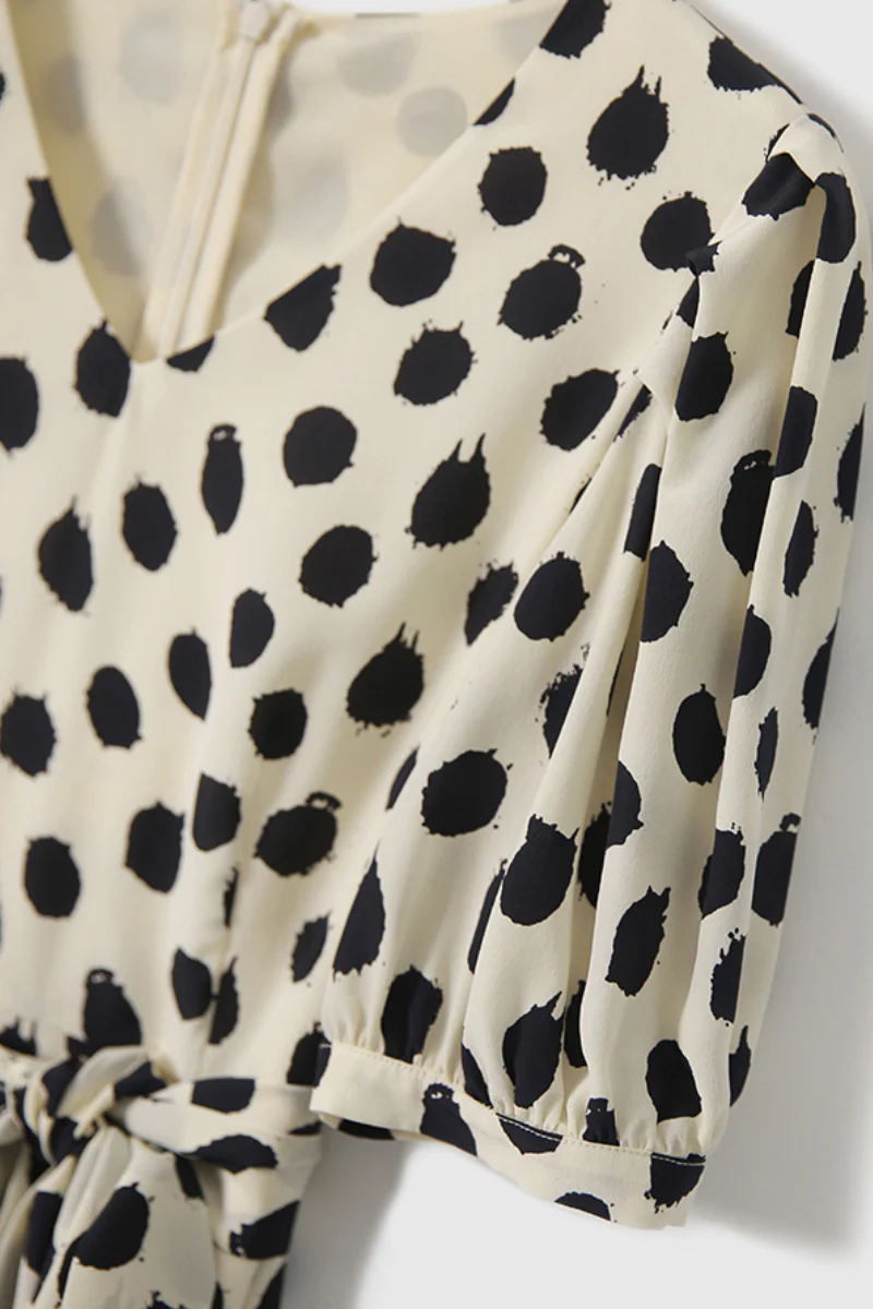 100% Silk Polka Dot Crepe A-Line Midi Dress - HBQMJX