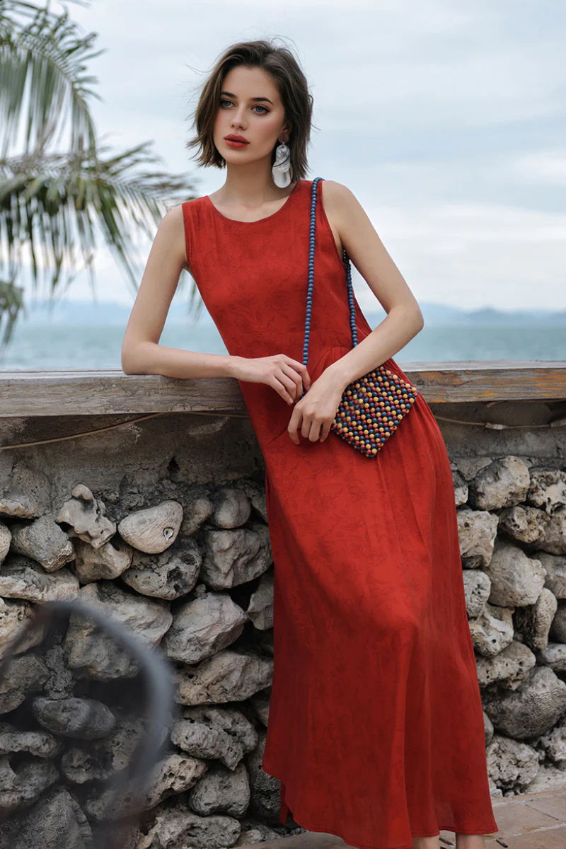 Red Asymmetrical Tiered Sleeveless Maxi Dress with Floral Print - HBQMJX