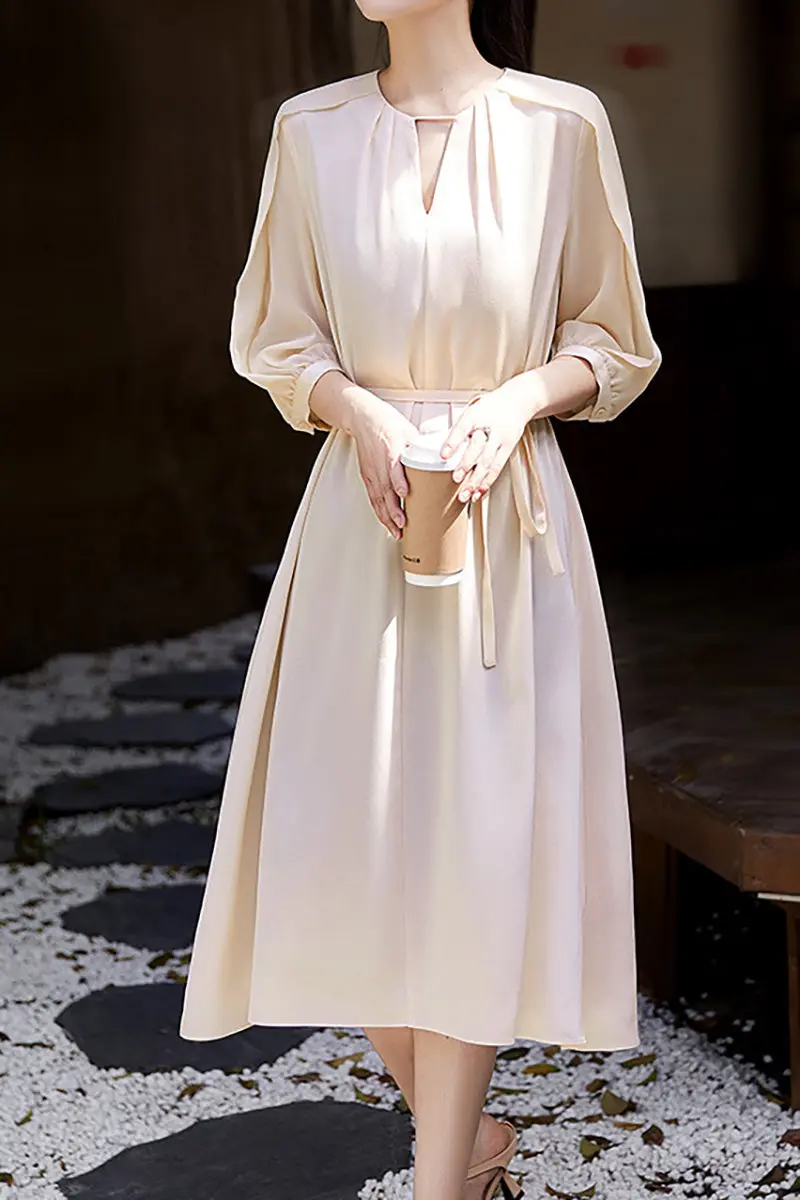 Triacetate Belted 3/4 Sleeve Keyhole Midi Dress - HBQMJX