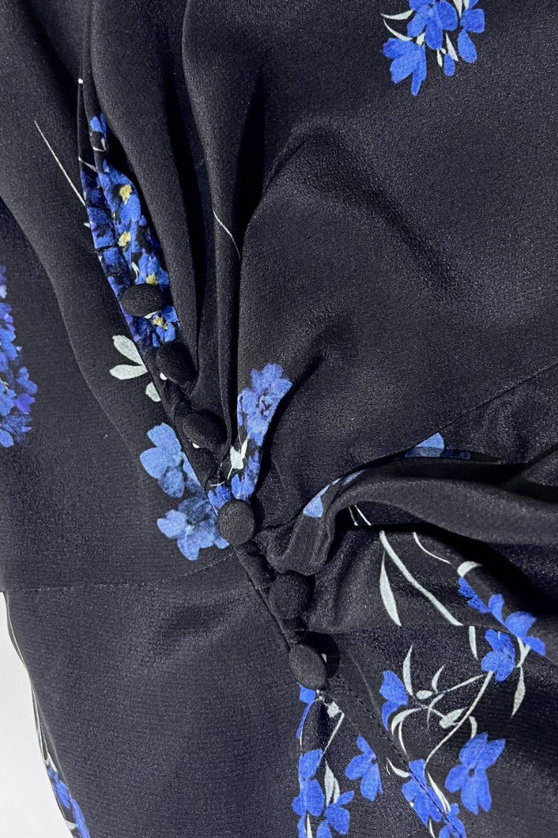 100 Mulberry Silk Floral Puff-Sleeve V-Neck Wrap Midi Dress - HBQMJX