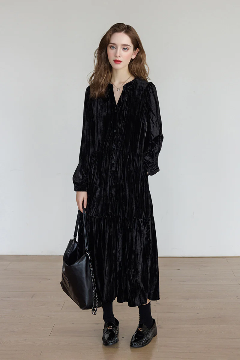 Tiered Long-Sleeve Button-Down A-Line Velvet Midi Dress - HBQMJX