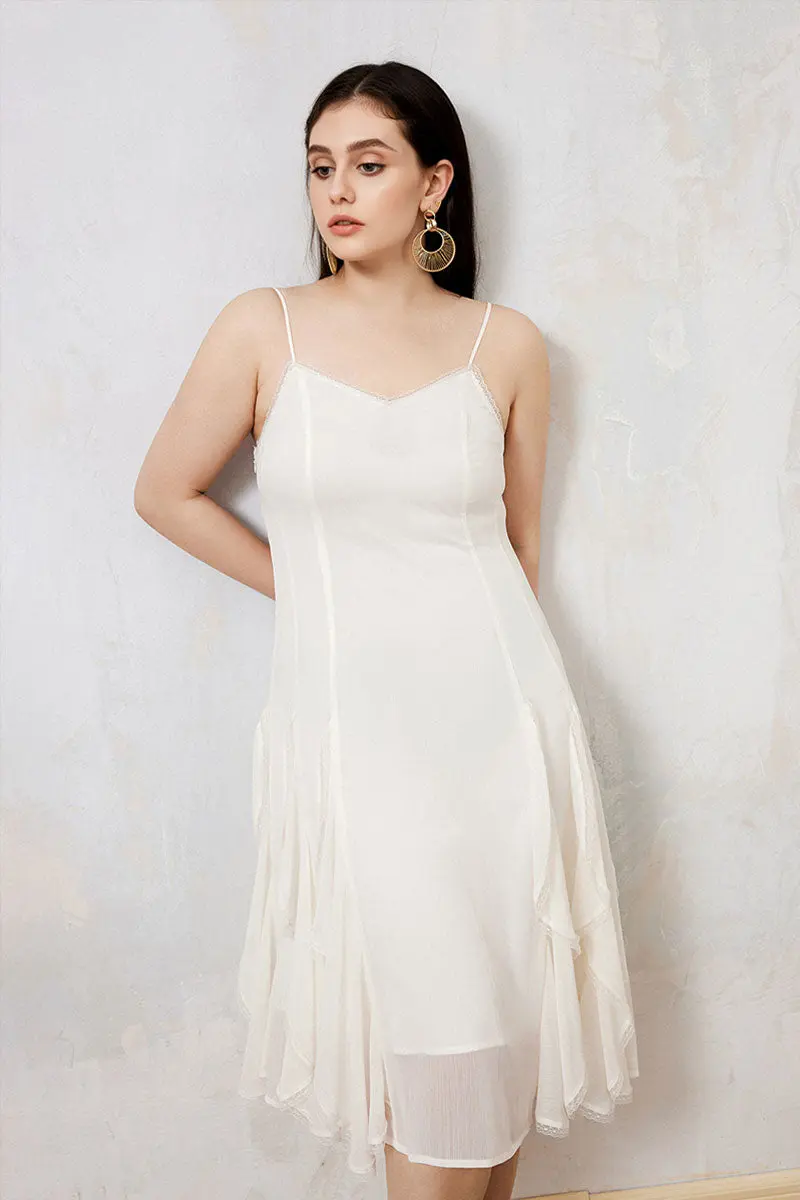 White Chiffon Spaghetti-Strap Ruffled Midi Dress with Lace Trim - HBQMJX