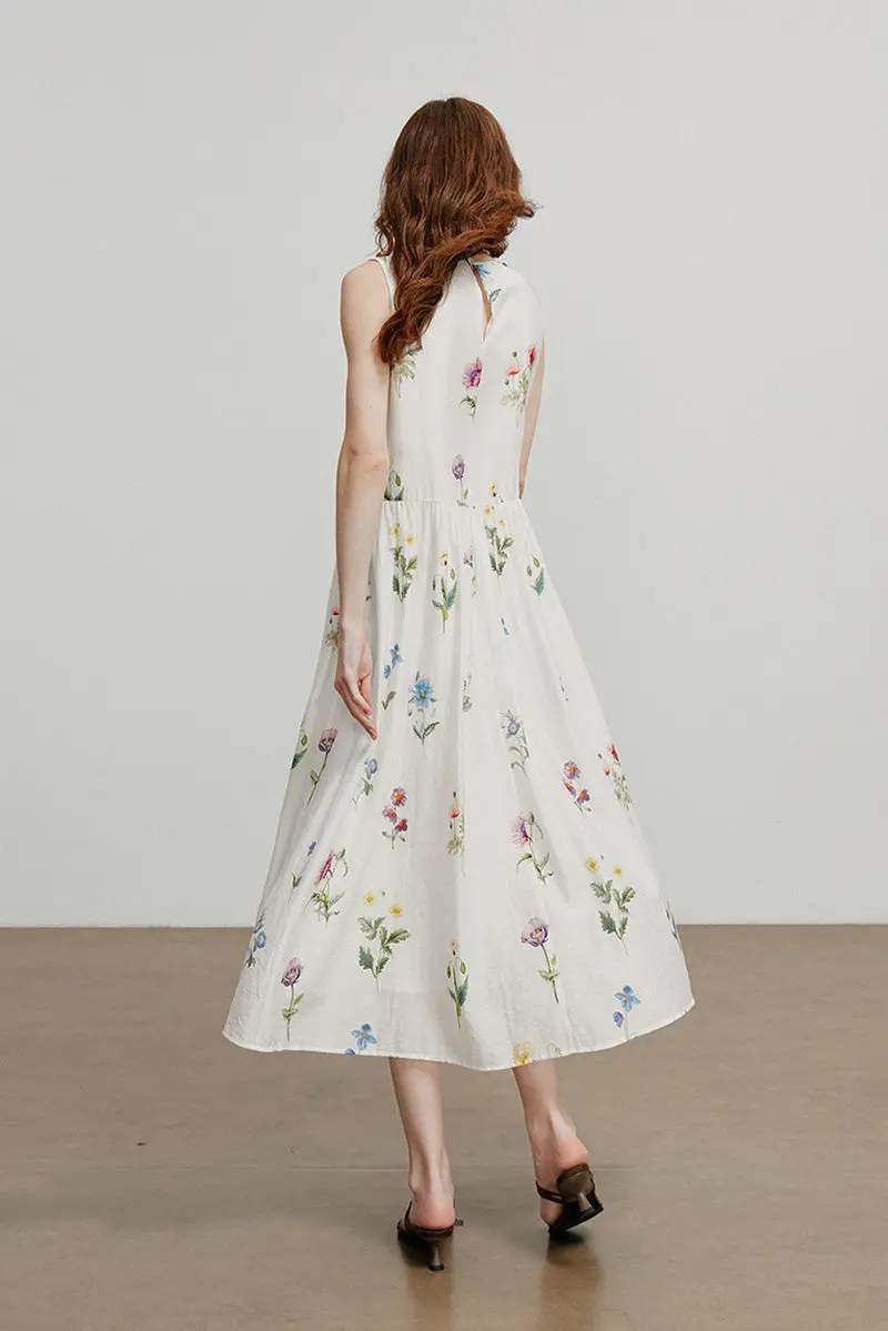 White Floral Linen Sleeveless Fit & Flare Midi Dress - HBQMJX