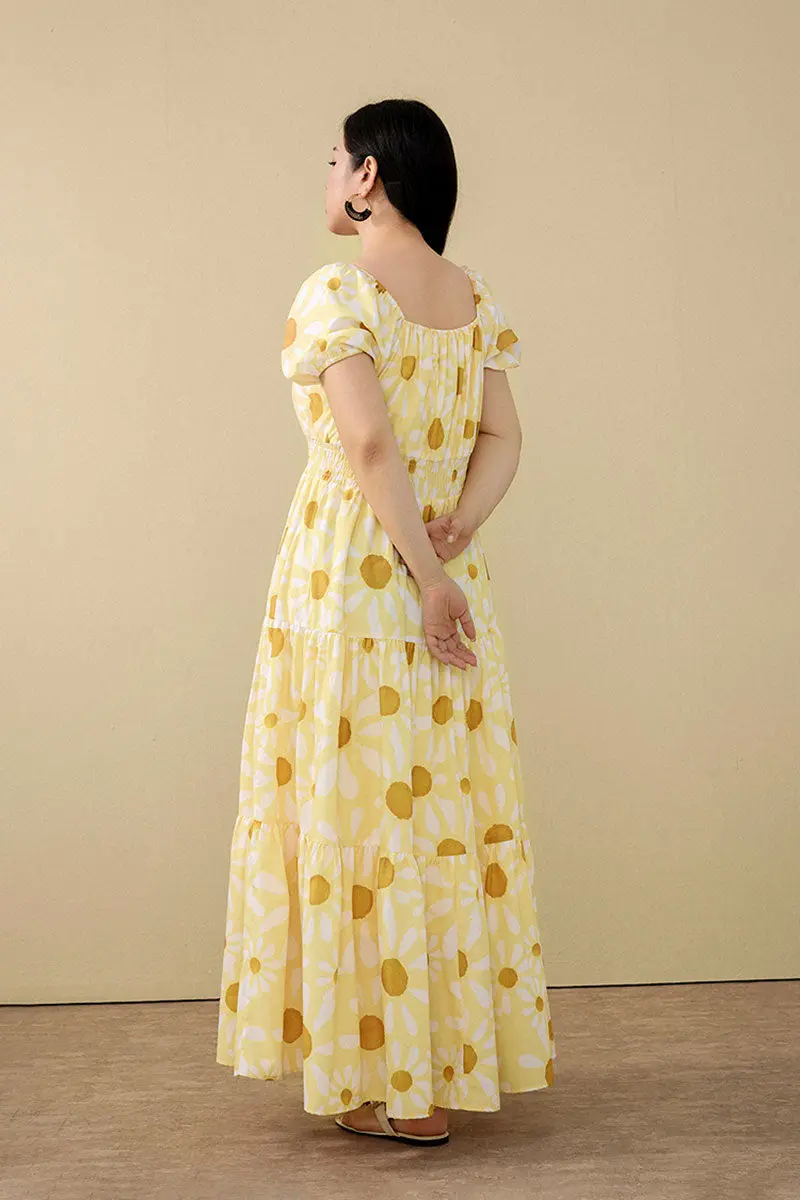 Yellow Floral Tiered Smocked Maxi Dress - HBQMJX