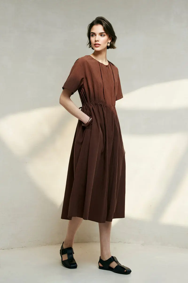 Summer Cinched Waist Midi Dress with Pockets - HBQMJX