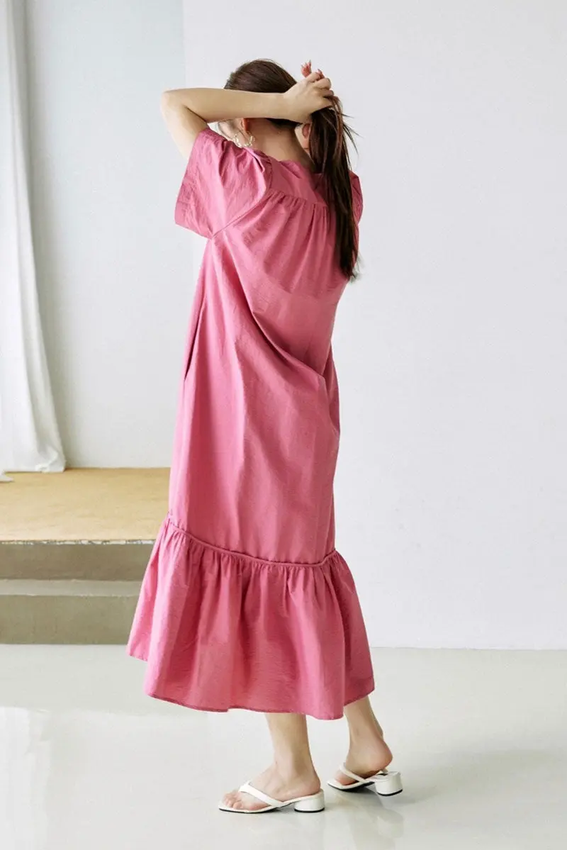 Pink Tiered Trapeze Tie-Neck Midi Dress - HBQMJX