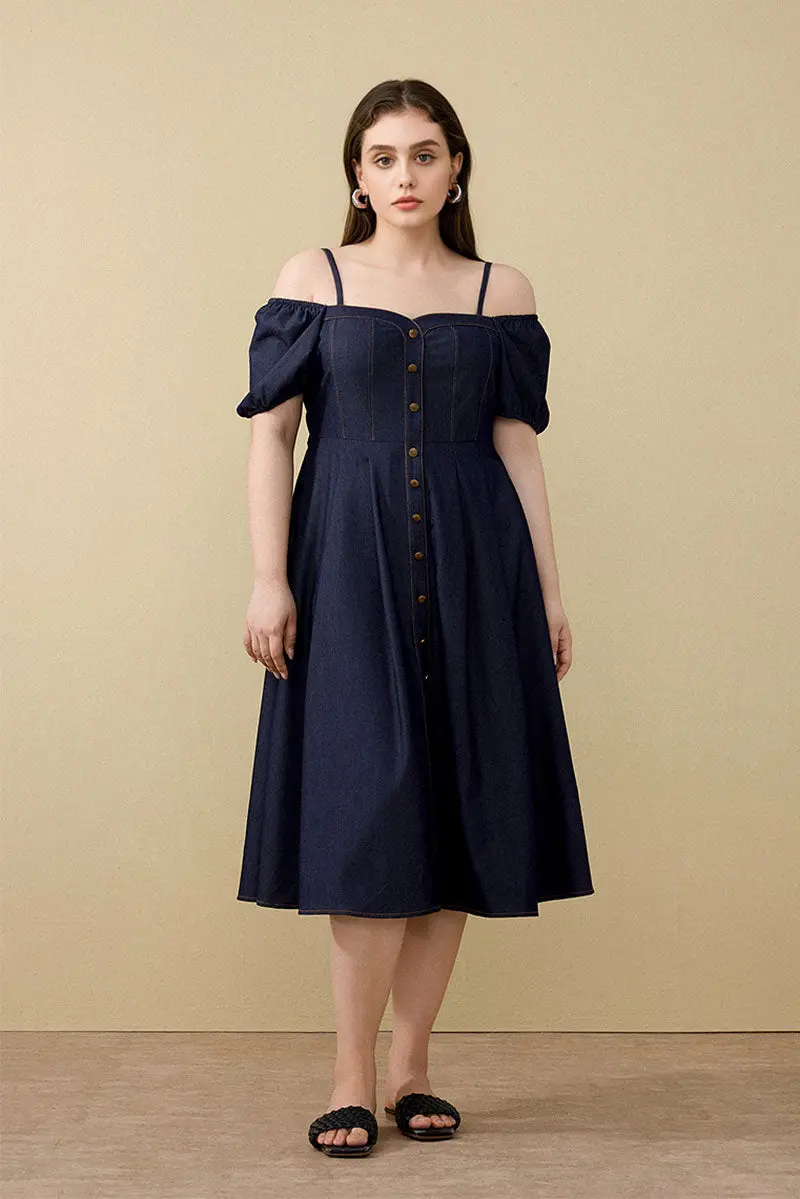 Denim-Inspired Off-Shoulder A-Line Midi Dress with Decorative Buttons - HBQMJX