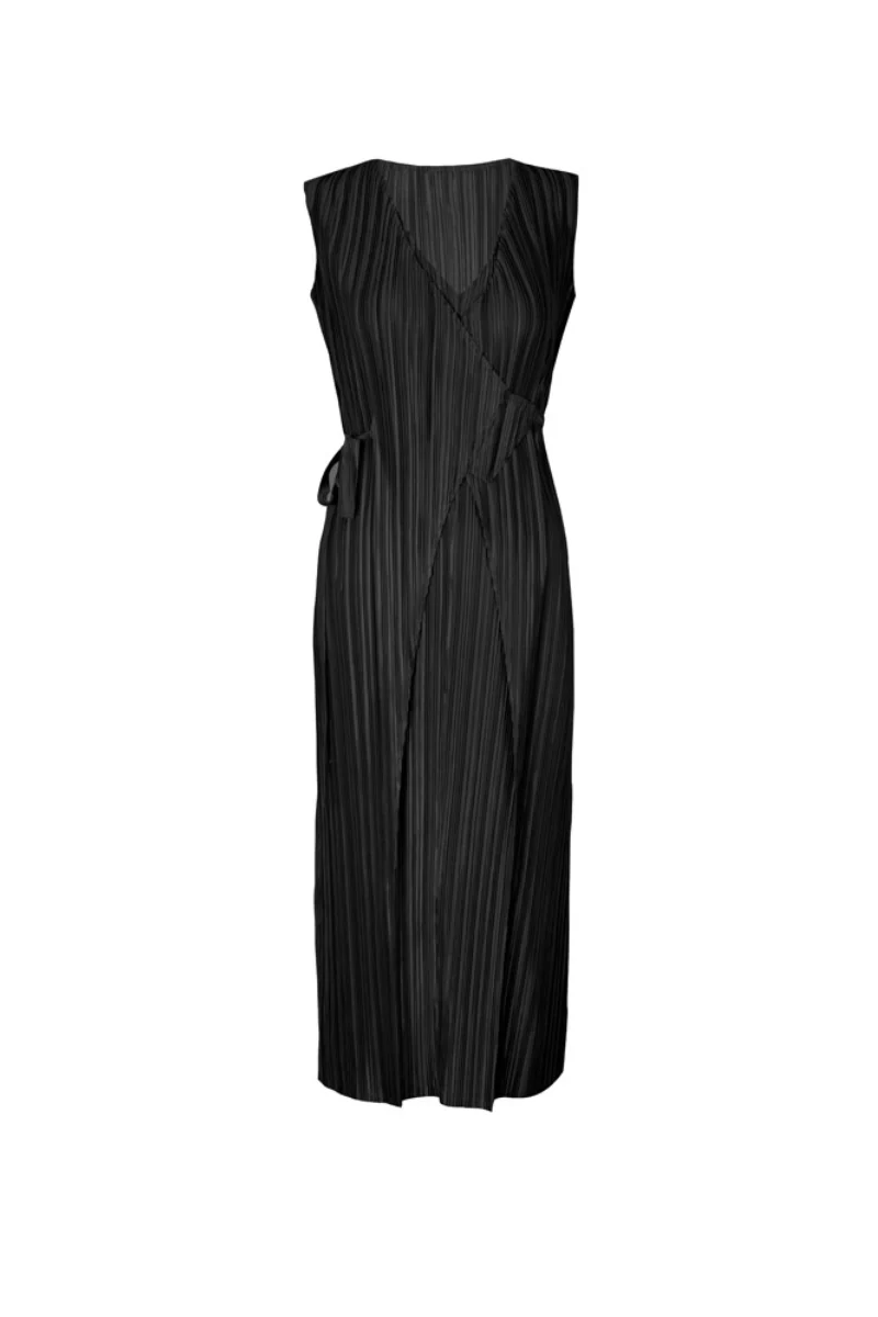 Designer Inspired Pleated Sleeveless Midi Wrap Dress - HBQMJX