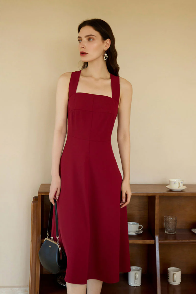 Red Cross-Back A-Line Midi Dress - HBQMJX