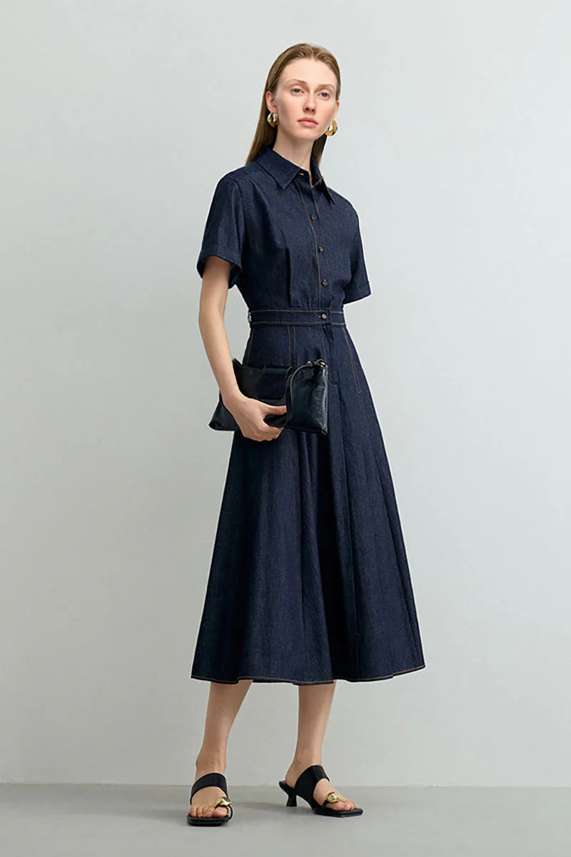 Tencel Denim Short-Sleeve Button-Up Midi Shirt Dress - HBQMJX