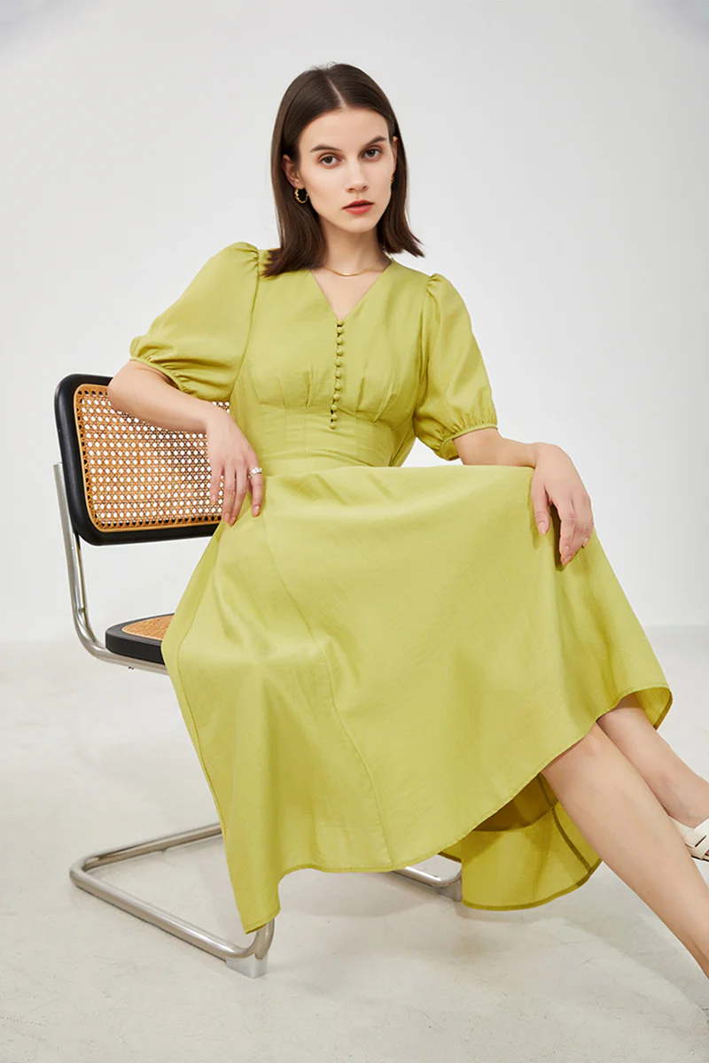 Lime Green V-Neck A-Line Midi Dress - HBQMJX