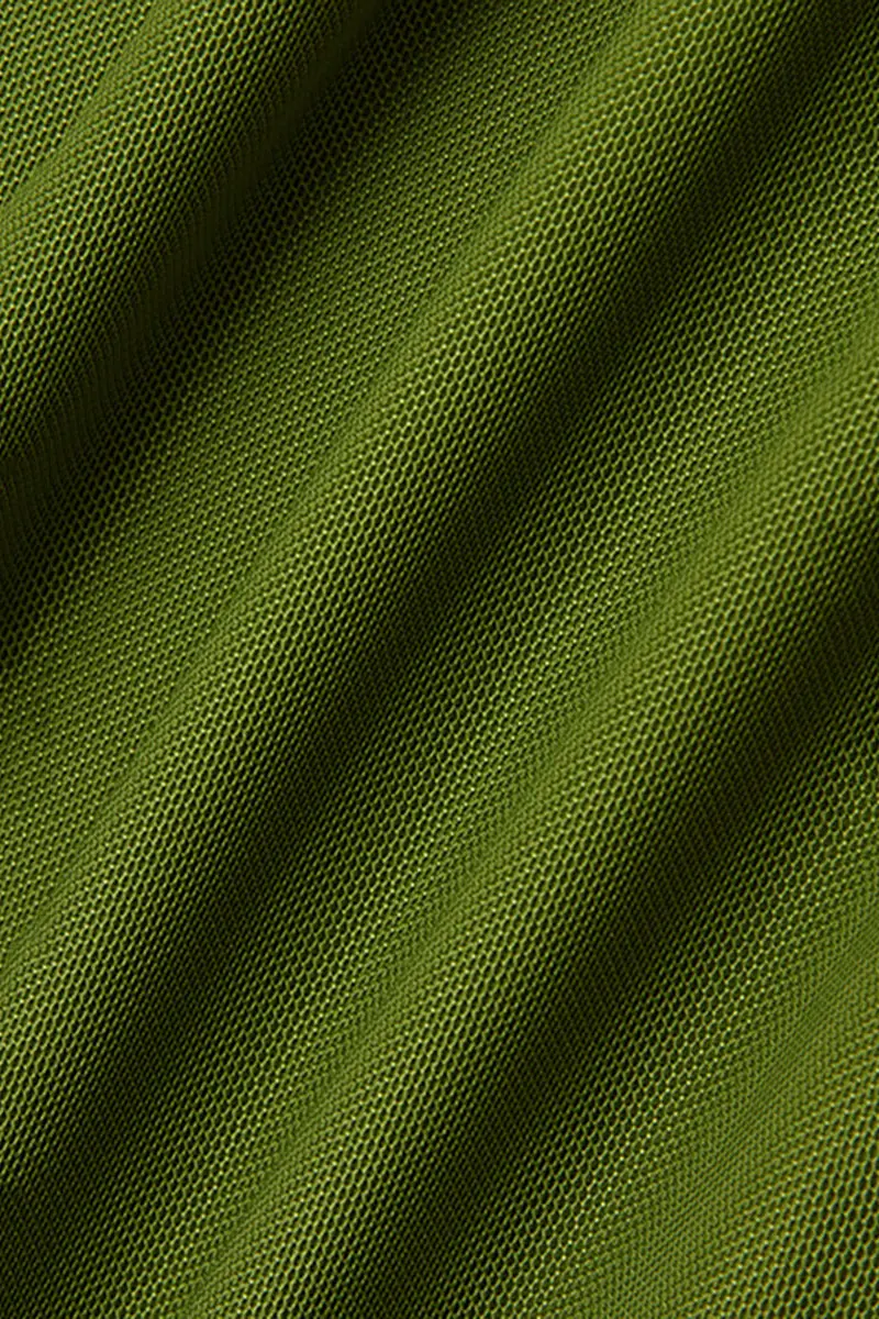 Ruched Mesh Drawstring Midi Dress in Olive Green - HBQMJX