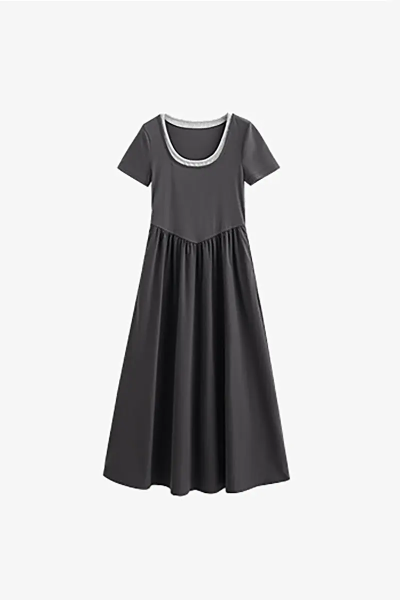 Cotton Short-Sleeve Mixed-Media Fit & Flare Midi Dress - HBQMJX