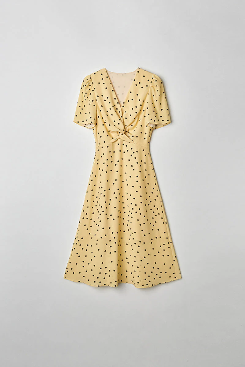 Yellow 100 Heavy Silk Crepe Polka Dot Midi Dress - HBQMJX