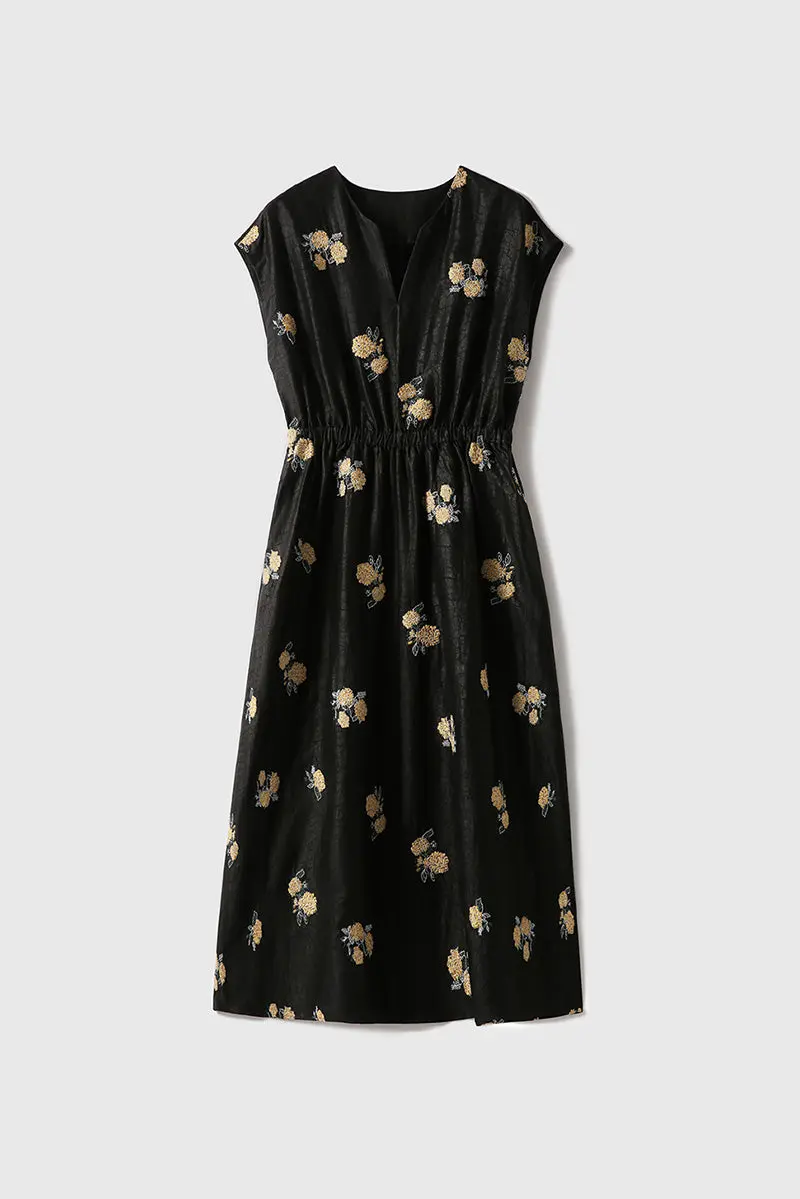 Xiang Yun Silk Floral Hand-Embroidery Midi Dress - HBQMJX