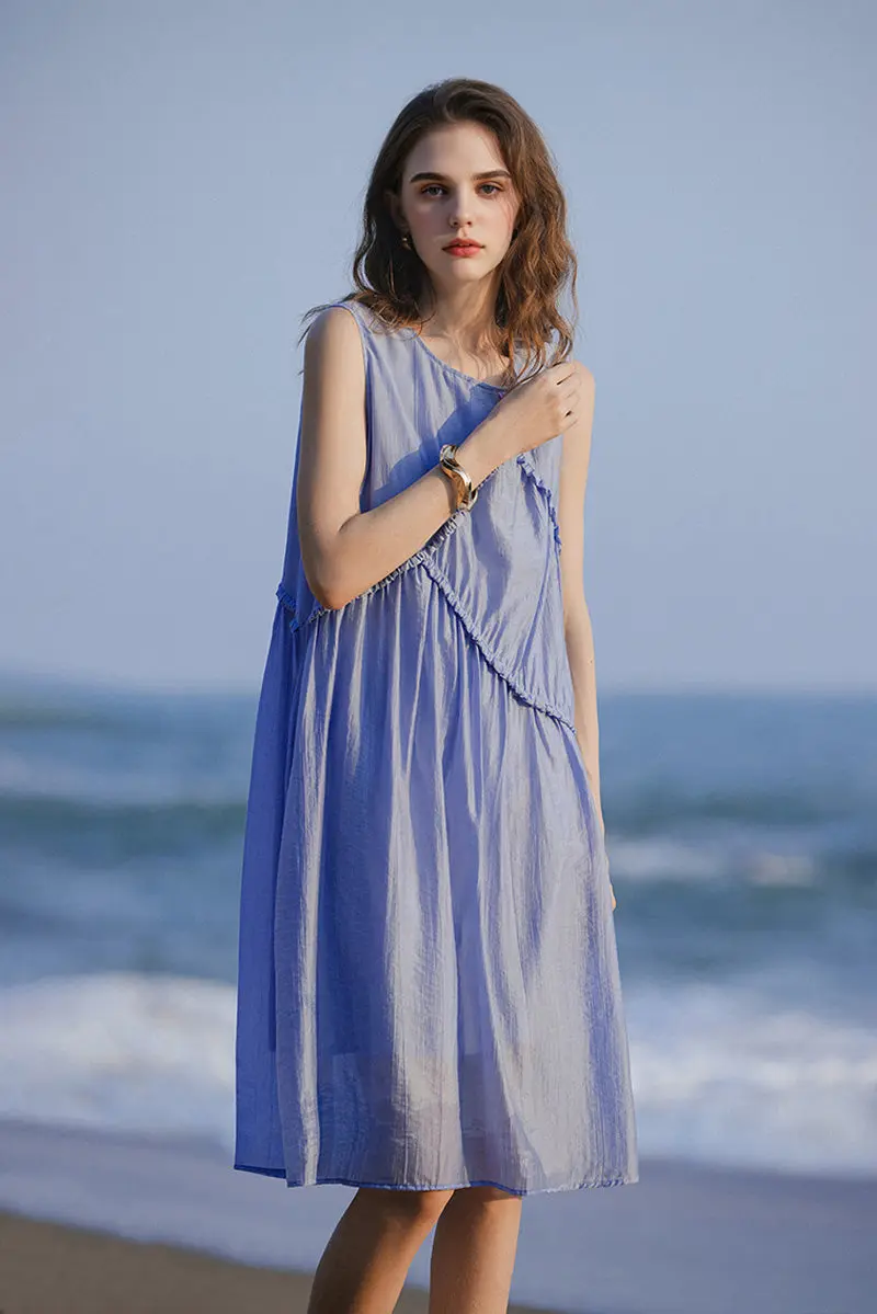 Light Blue Lyocell Sleeveless Ruffle-Detail Midi Dress - HBQMJX