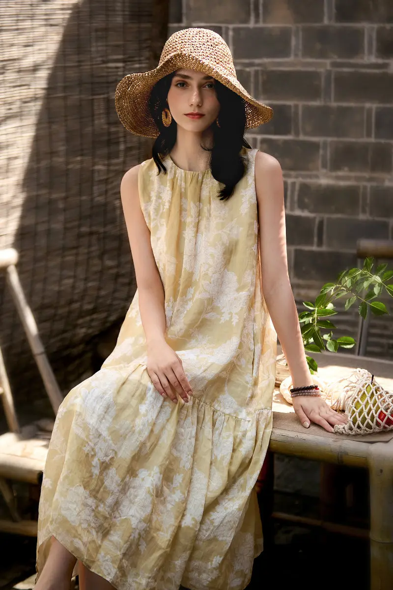 Ramie Floral Tiered Sleeveless Trapeze Midi Dress - HBQMJX