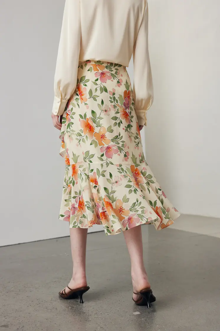 Asymmetric Silk Ruffled Floral Midi Skirt - HBQMJX