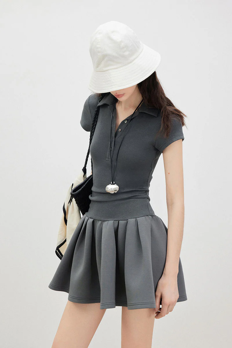 Grey Polo-Neck Short-Sleeve Mini Dress - HBQMJX