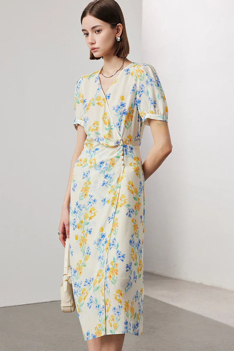 100 Mulberry Silk Floral Puff-Sleeve V-Neck Wrap Midi Dress - HBQMJX