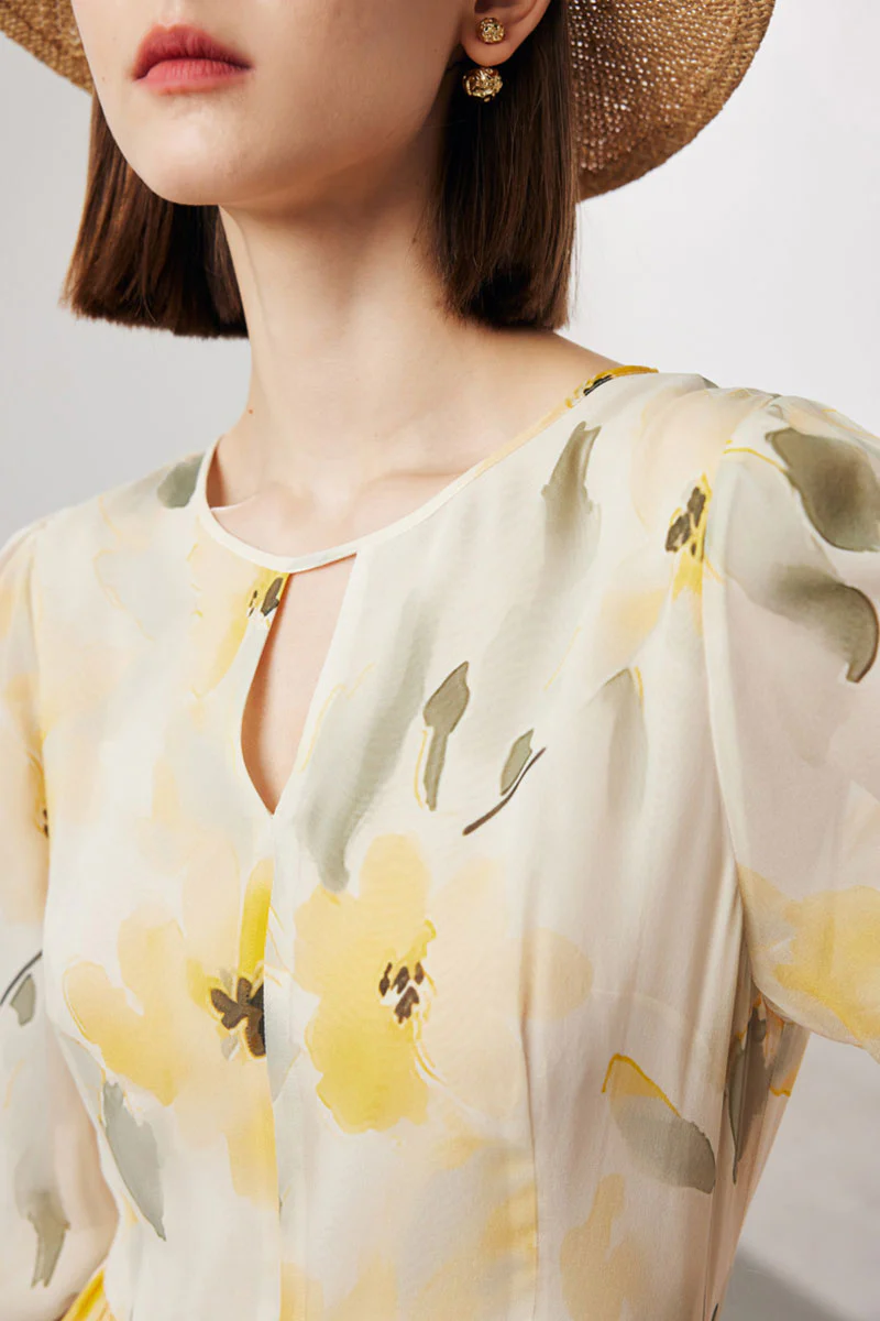 100 Mulberry Silk Floral Balloon-Sleeve Keyhole Tiered Midi Dress - HBQMJX