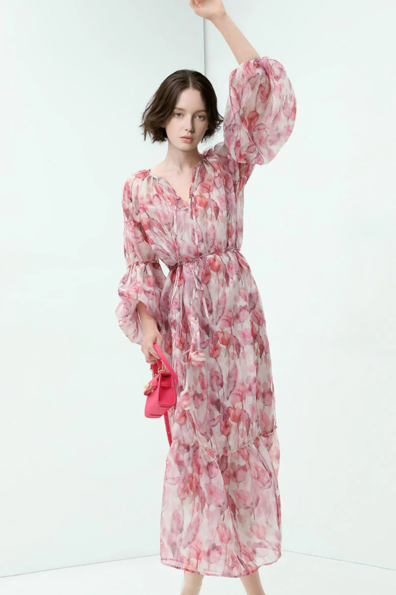 Boho Flower Balloon-Sleeve V-Neck Chiffon Maxi Dress with Underdress - HBQMJX