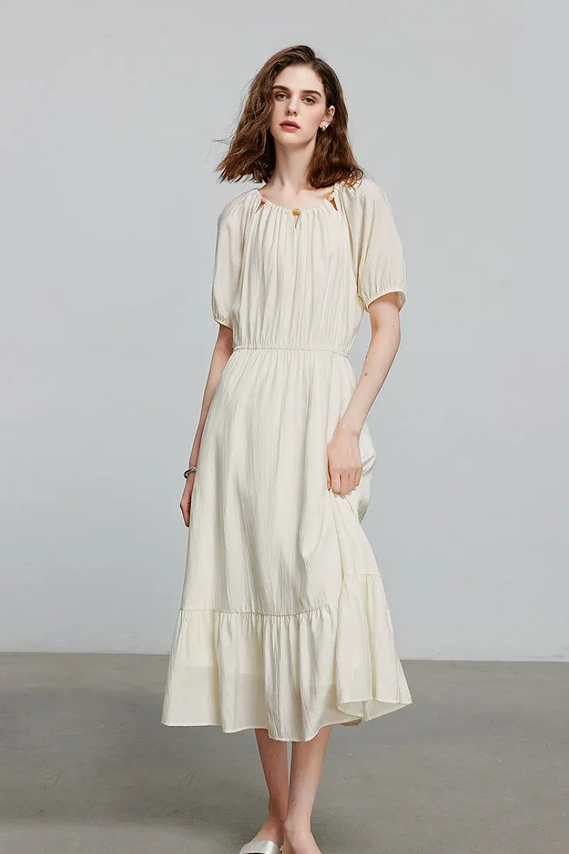 White Textured Vacation Midi Dress with Beaded Neckline - HBQMJX