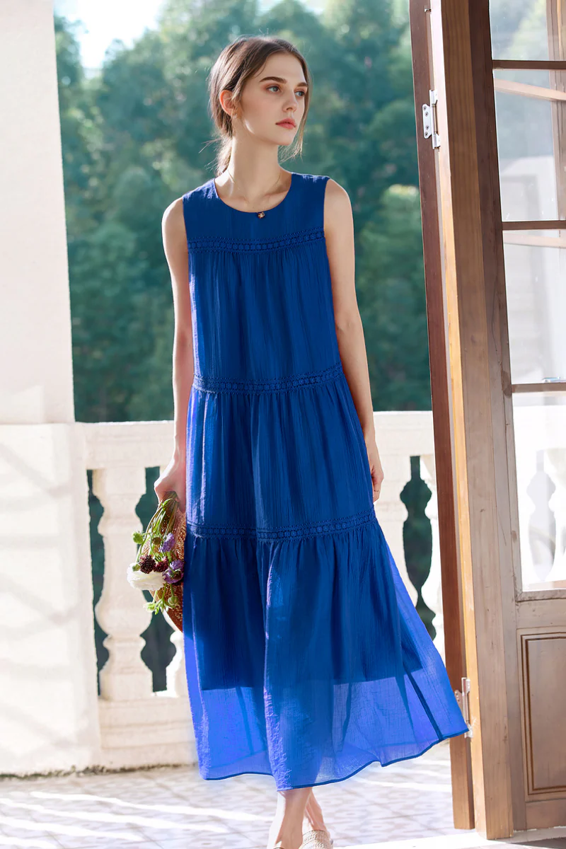 Blue Tiered Sleeveless Tank Midi Dress with Embroidered Detail - HBQMJX