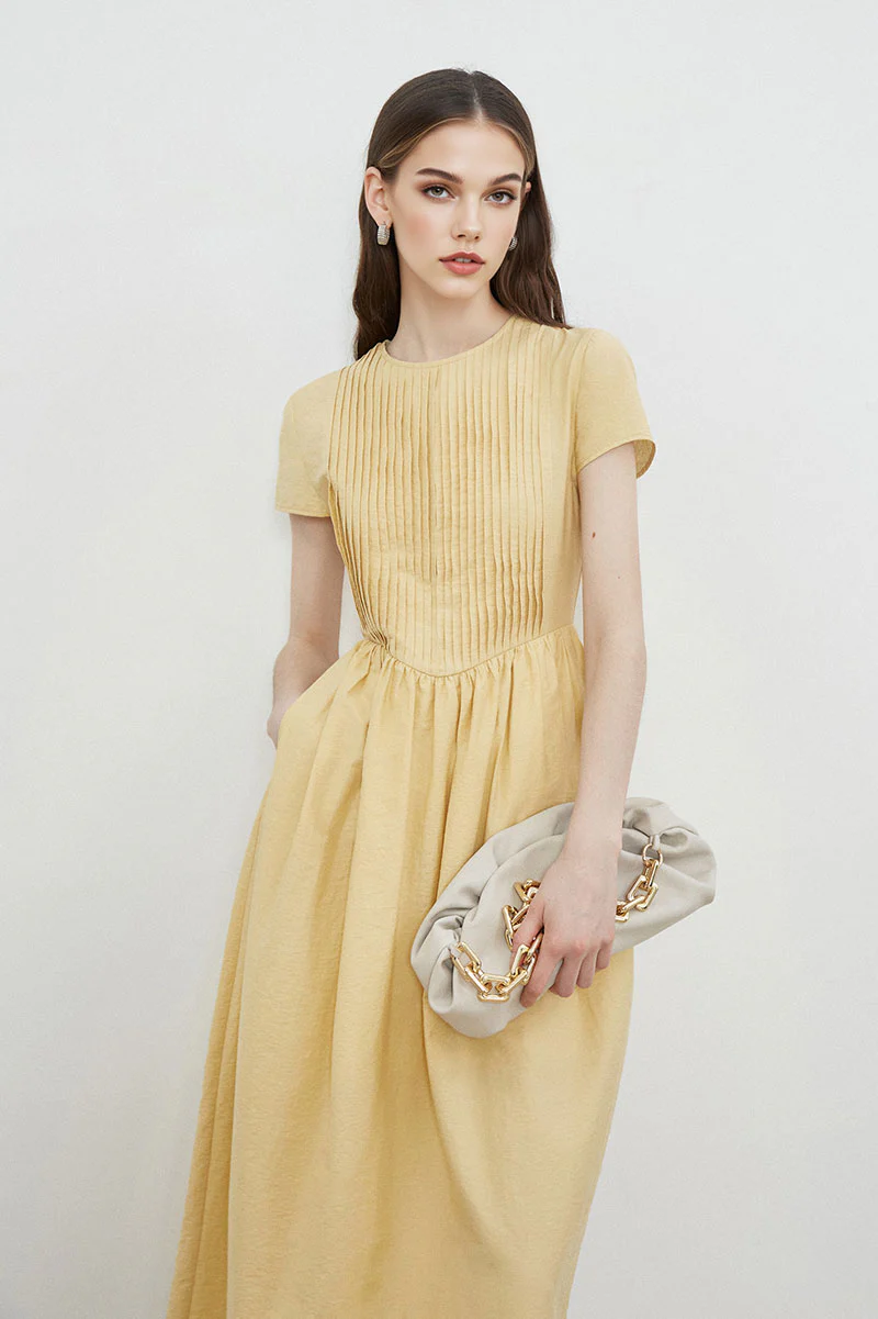 Yellow Long-Staple Cotton Midi Dress with Front Pleat - HBQMJX