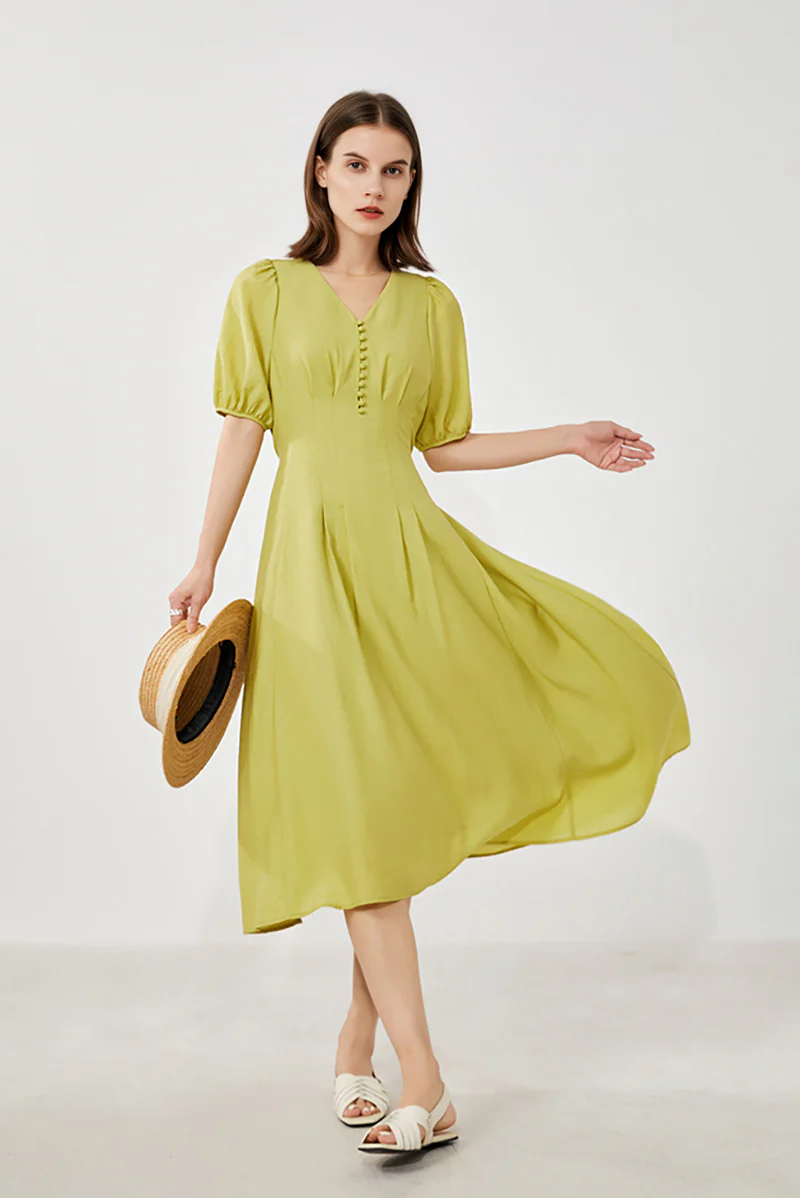 Lime Green V-Neck A-Line Midi Dress - HBQMJX