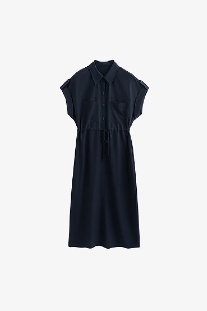 Blue Cap-Sleeve Shirt Midi Dress WIth Belt - HBQMJX