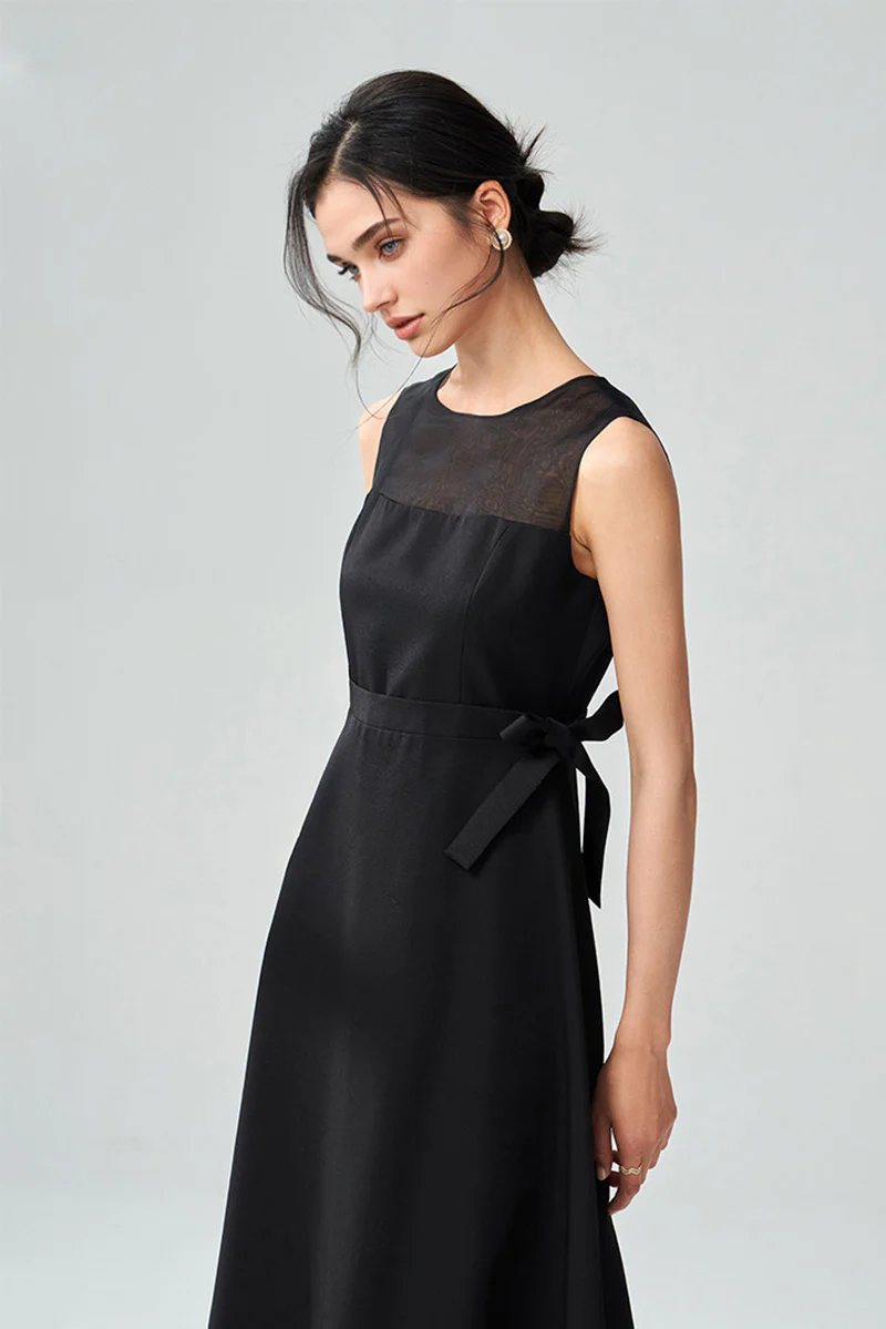 Black Sleeveless A-Line Organza Midi Dress with Bow - HBQMJX