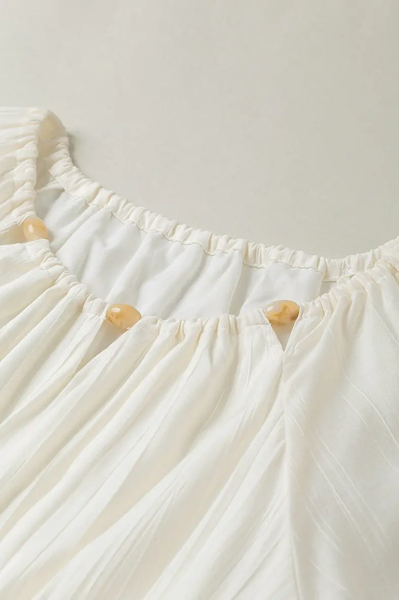 White Textured Vacation Midi Dress with Beaded Neckline - HBQMJX