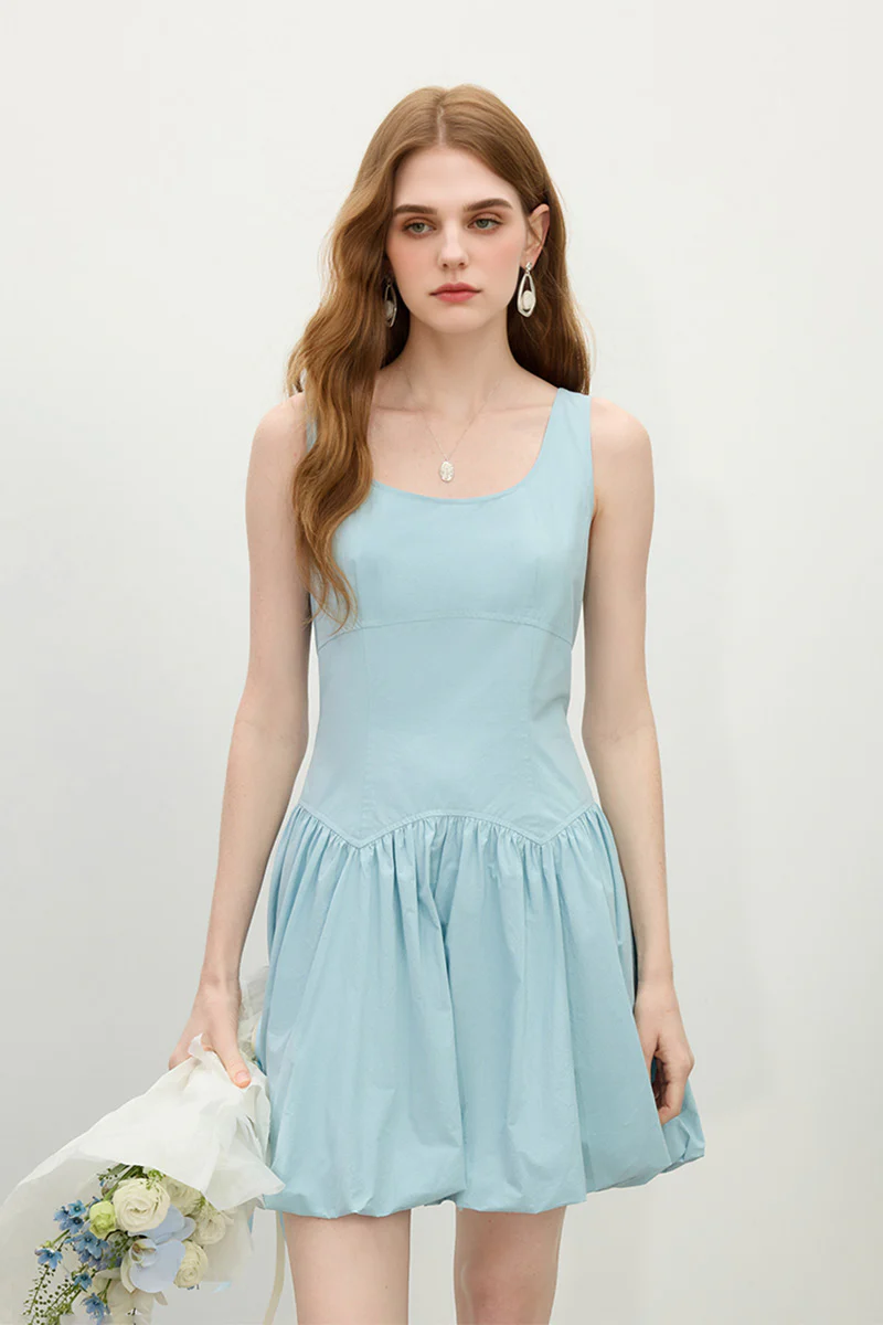 Baby Blue 100 Cotton Sleeveless Scoop-Neck Bubble Mini Dress - HBQMJX