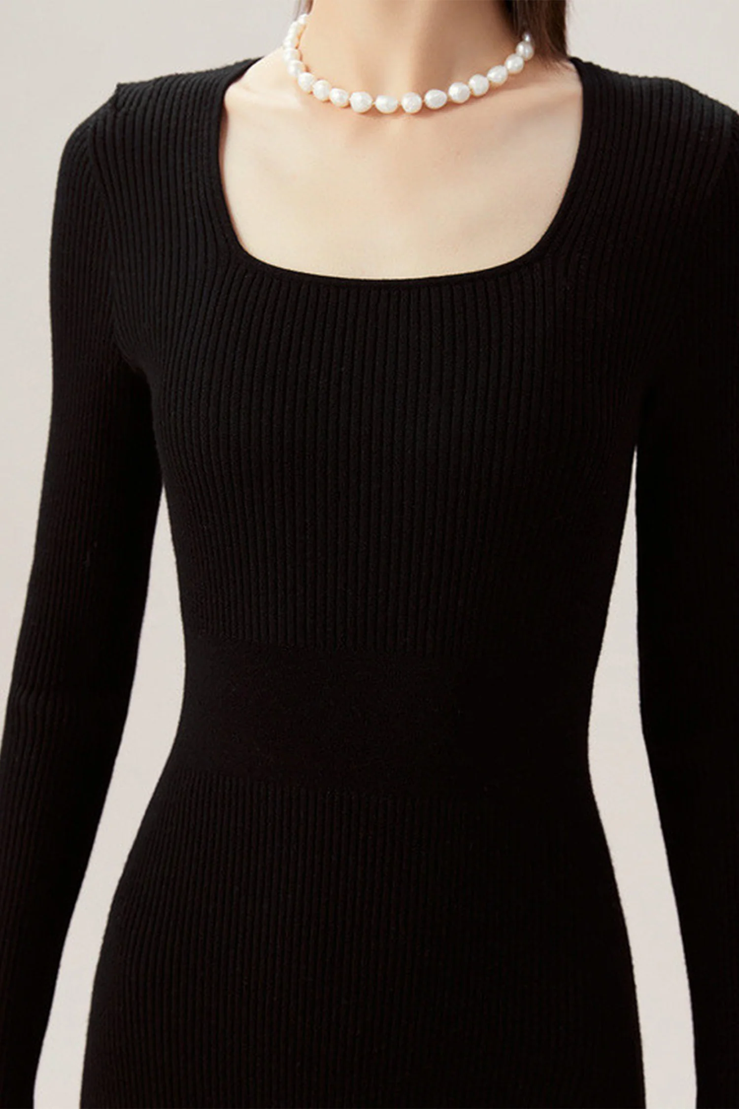 100% Merino Wool Long Sleeve Square-Neck Midi Sweater Dress - HBQMJX