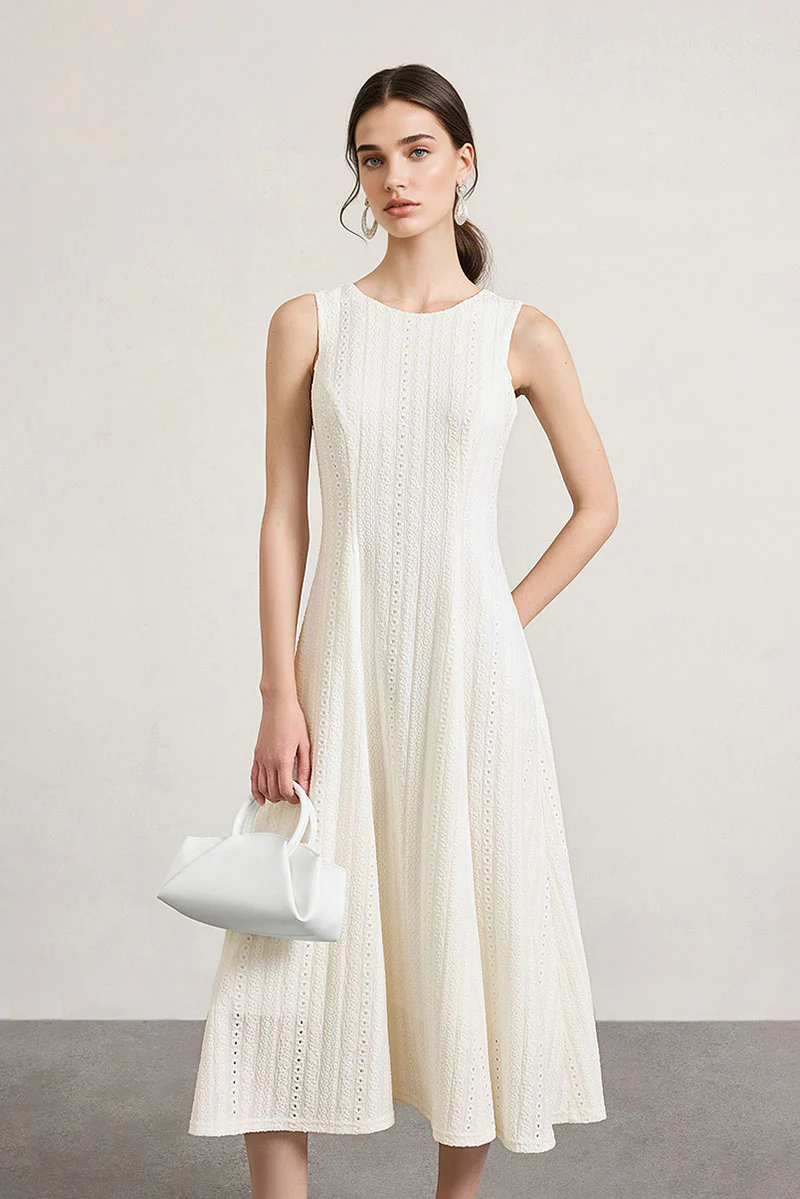 White Embroidered Lace Fit & Flare Midi Dress - HBQMJX