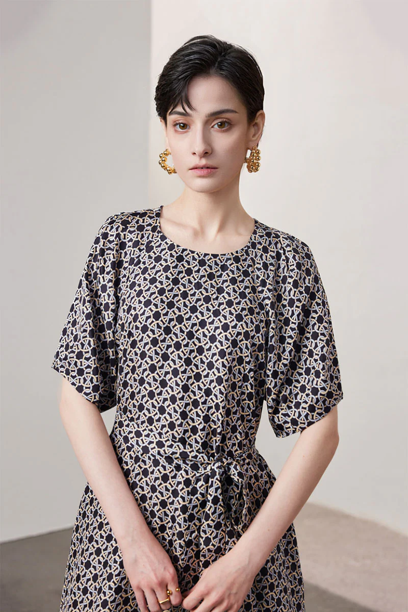 100 Mulberry Silk Chain Print Puff-Sleeve Belted Midi Dress with Pockets - HBQMJX