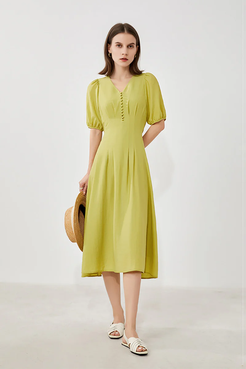Lime Green V-Neck A-Line Midi Dress - HBQMJX